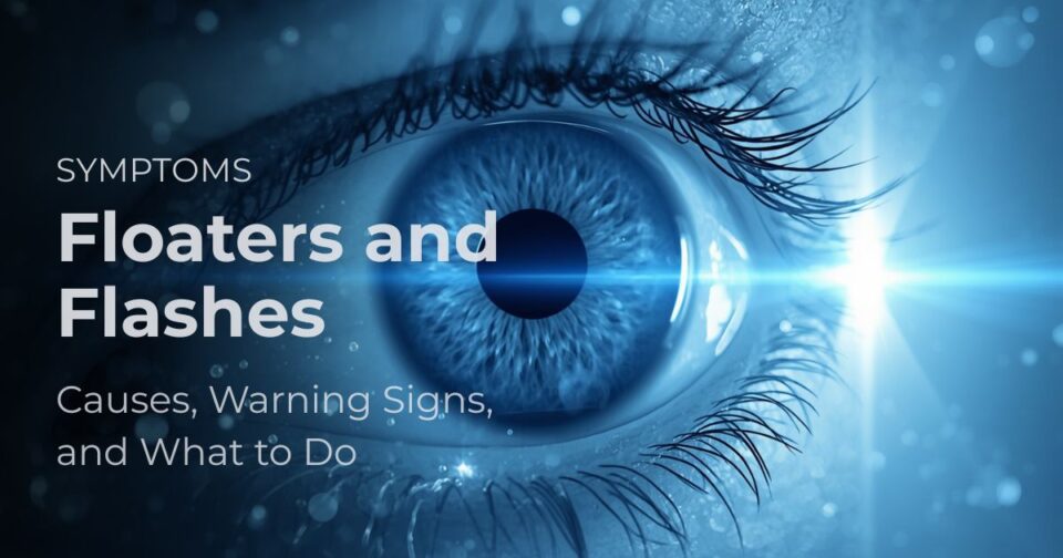 Medical illustration showing floaters and flashes in vision as a symptom guide for retinal warning signs