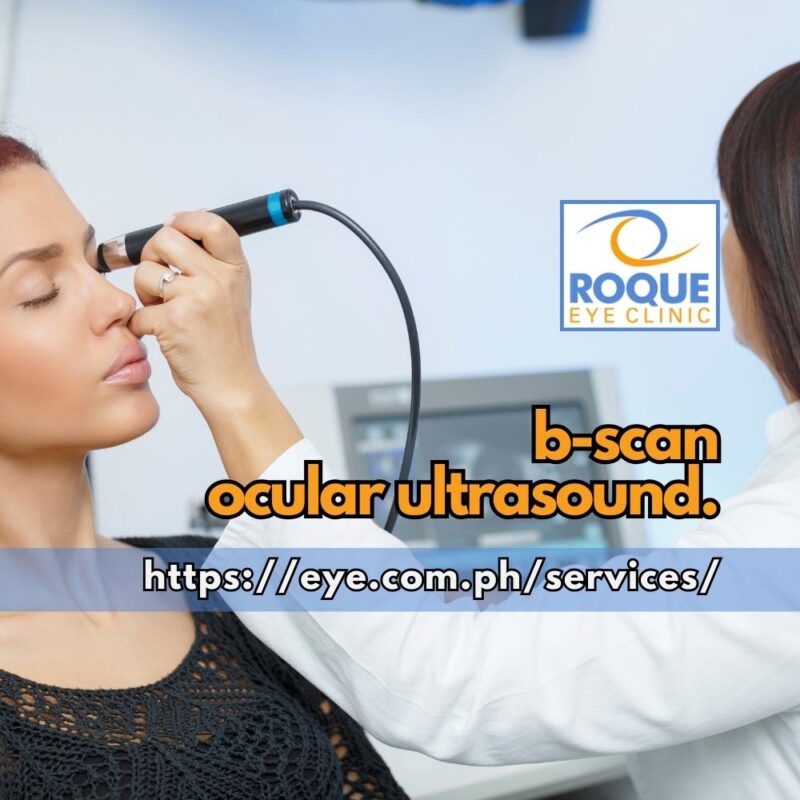 This is an image of a woman undergoing a b-scan ocular ultrasound