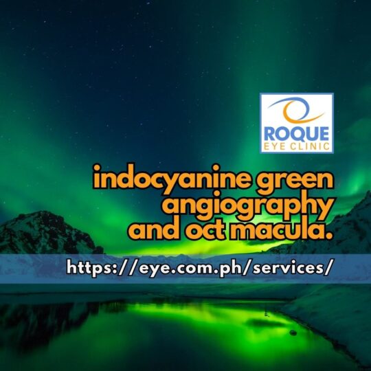 This image shows a combination of a crater with a green aurora in the background representing indocyanine green angiography and optical coherence tomography of the macula.