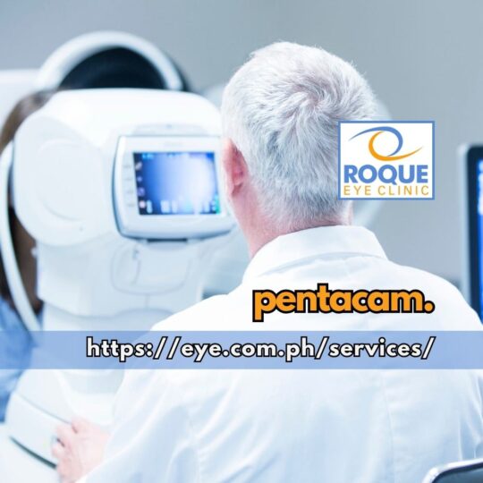 This image shows a technician performing an eye evaluation using an ophthalmic diagnostic device similar to a Pentacam.