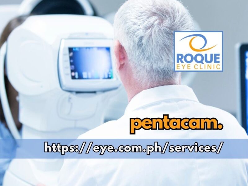 This image shows a technician performing an eye evaluation using an ophthalmic diagnostic device similar to a Pentacam.