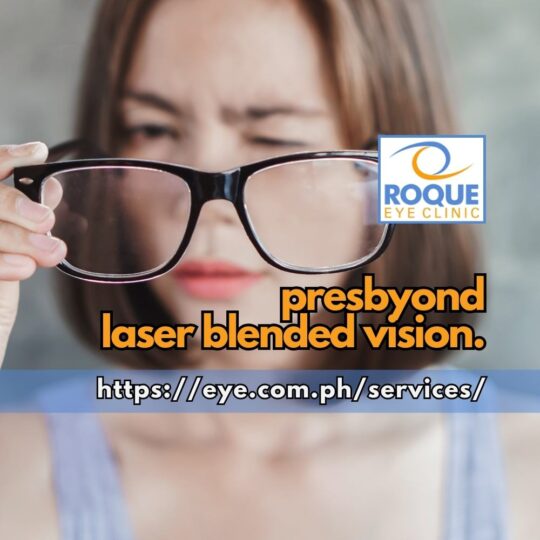 This is an image of a woman examining her reading glasses theoretically contemplating on the benefits of Presbyond laser blended vision.