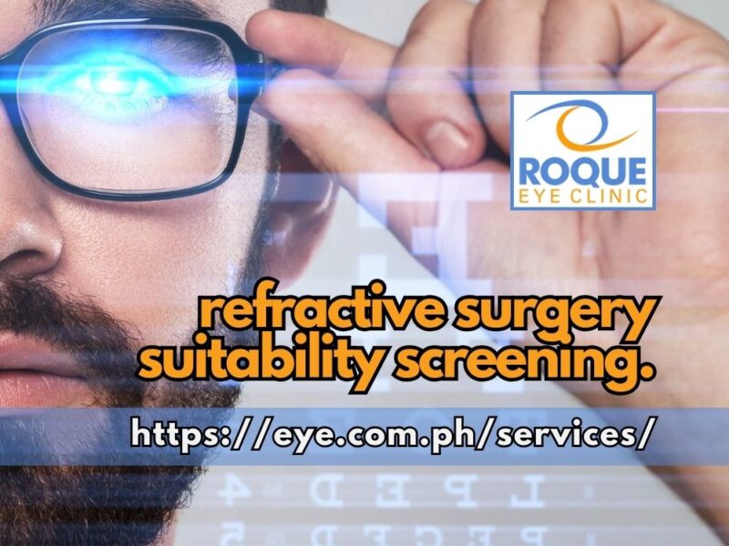 This is an image of a man holding on to his prescription glasses while presumably testing for his visual acuity with a visual chart overlay as part of a refractive surgery suitability screening.