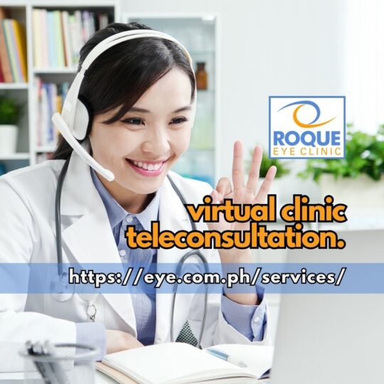 This image shows a young female doctor wearing headphones and waving at the computer screen while conducting a virtual clinic teleconsultation.