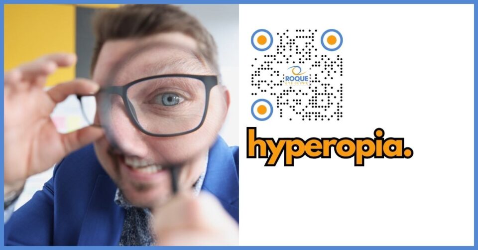 A close-up image of an eye wearing glasses, symbolizing hyperopia correction.
