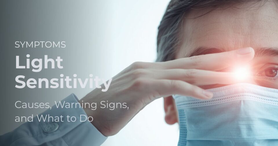 Patient experiencing light sensitivity or photophobia in bright light