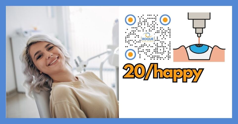 Patient-friendly illustration about 20 happy vision, spectacle independence, and realistic expectations after refractive surgery