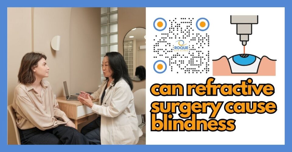 Ophthalmologist discussing rare blindness risk and serious complications of refractive surgery with a patient