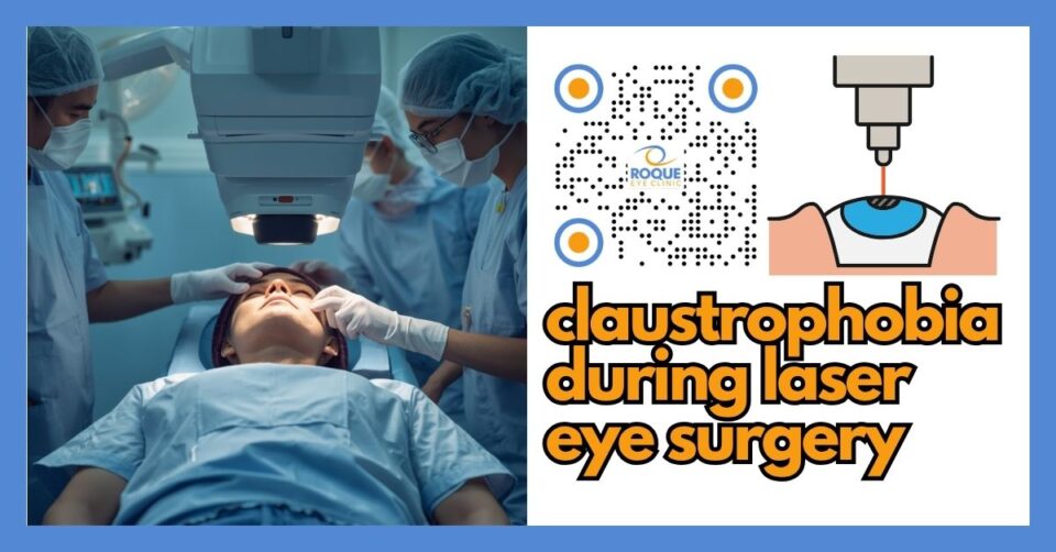 Patient preparing calmly under a laser eye surgery machine with support from the surgical team