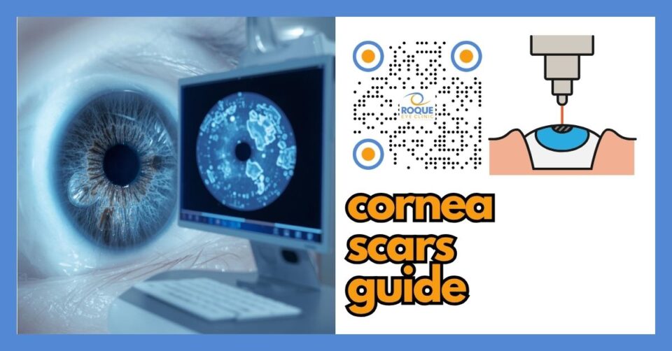 Close-up view of a scarred cornea with corneal imaging in a modern eye clinic setting