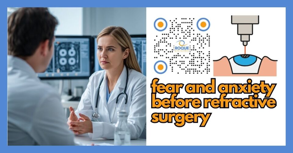 Patient discussing fear and anxiety before refractive surgery during an eye clinic consultation