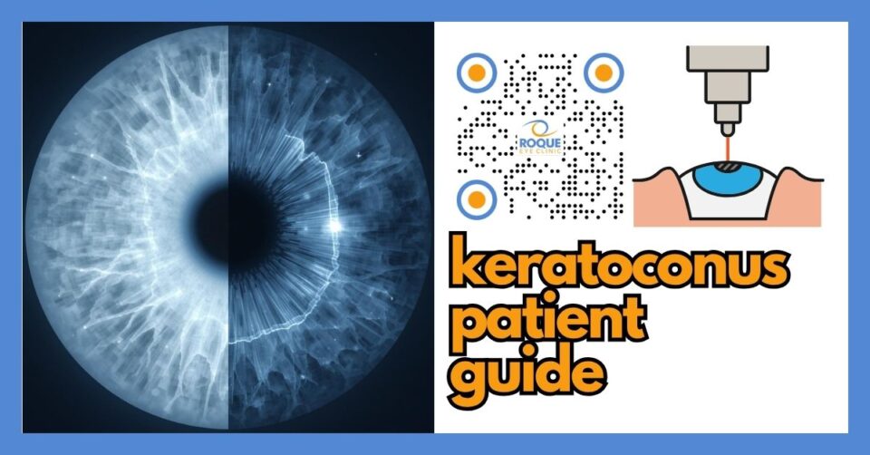 Comparison illustration of a normal cornea and a keratoconic cornea with diagnostic eye imaging