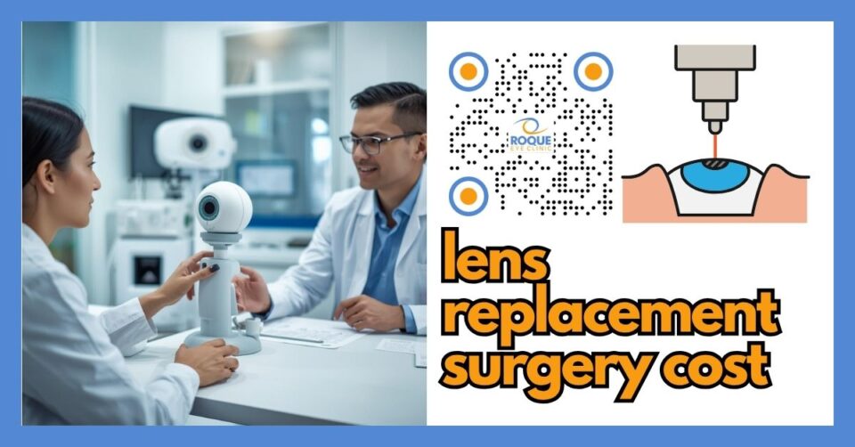 Consultation scene showing lens replacement surgery planning and intraocular lens options