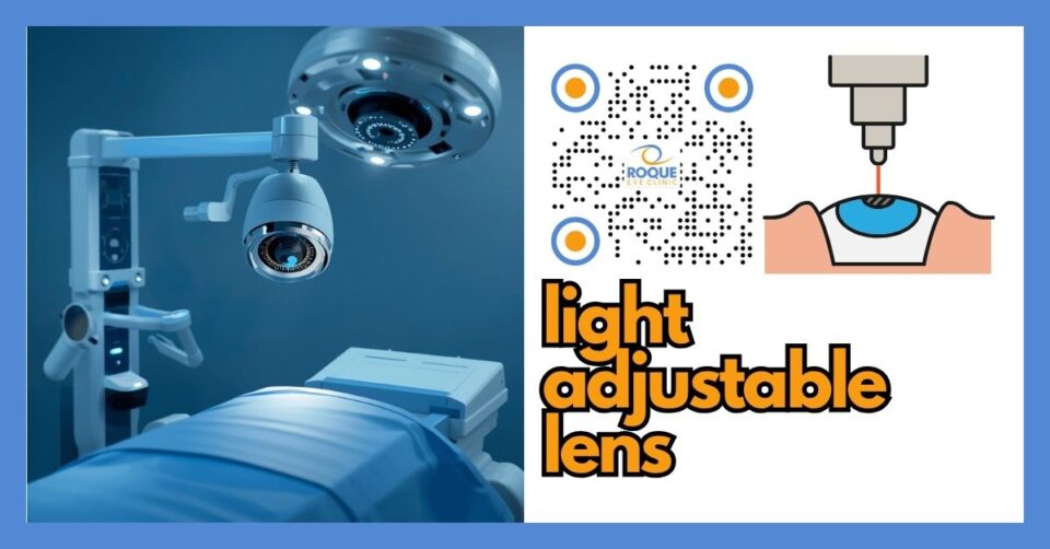 Illustration of the RxSight Light Adjustable Lens with postoperative light treatment in a modern eye clinic