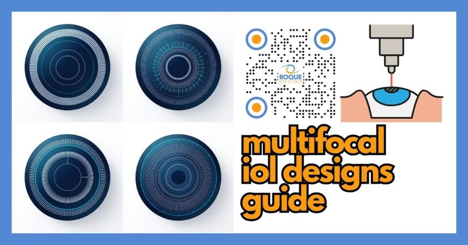 Illustration of multifocal intraocular lens designs including diffractive, refractive, bifocal, trifocal, segmented, and spiral optics