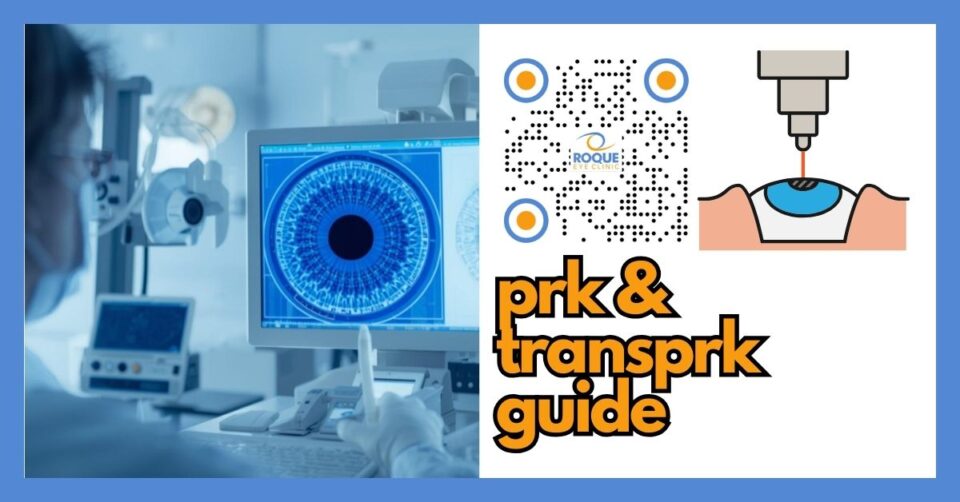 Illustration of PRK and TransPRK flap-free laser vision correction in a modern eye clinic setting