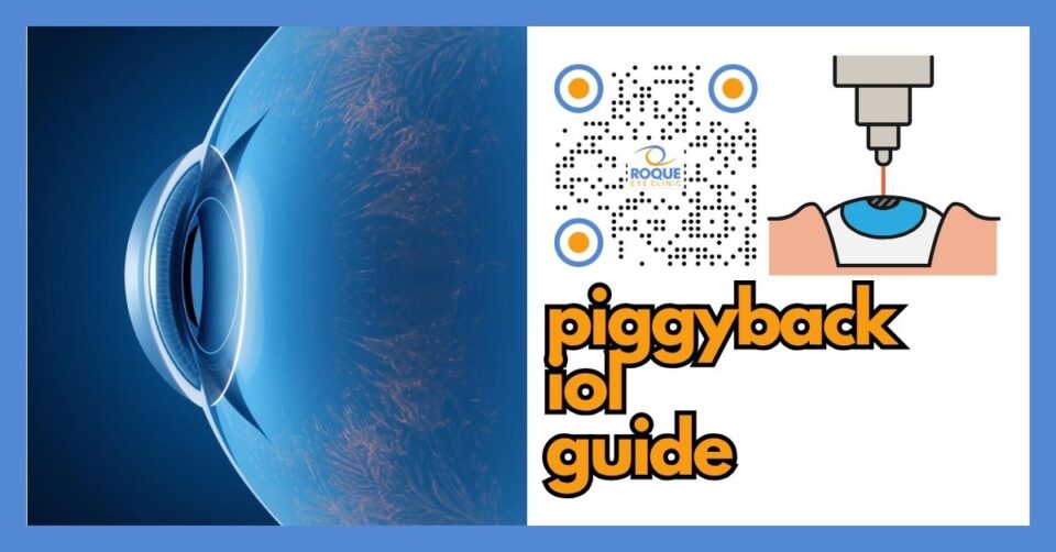 Illustration of piggyback intraocular lenses showing a supplementary lens added to an eye with a primary lens implant
