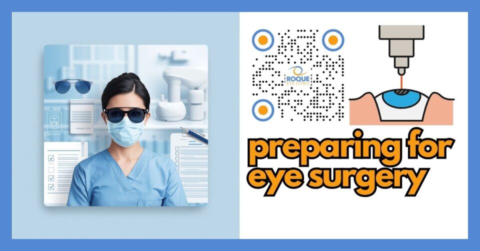 Patient preparing for eye surgery with checklist, sunglasses, and clinic paperwork