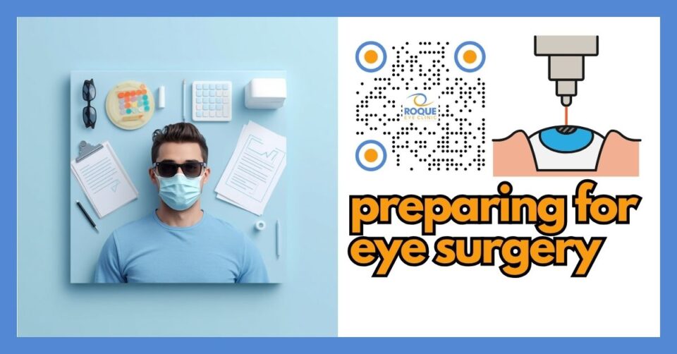 Patient preparing for eye surgery with checklist, sunglasses, and clinic paperwork