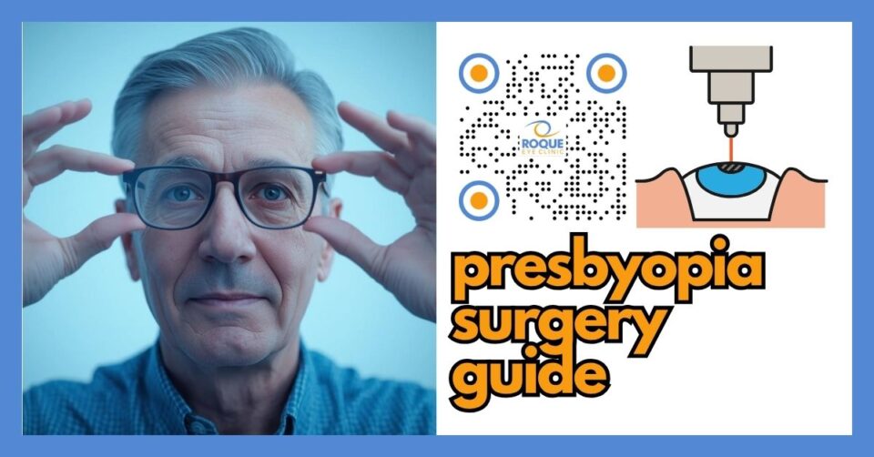 Patient-focused illustration of presbyopia surgery options including PresbyLASIK, monovision laser vision correction, and PRESBYOND