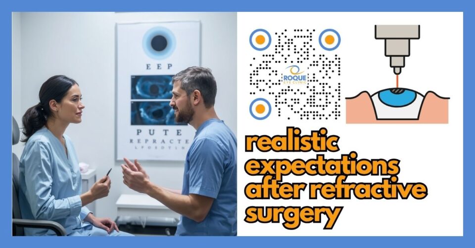 Patient discussing realistic expectations after refractive surgery with an ophthalmologist