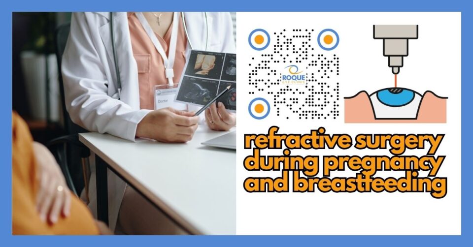 Pregnant patient discussing refractive surgery timing with an ophthalmologist in clinic