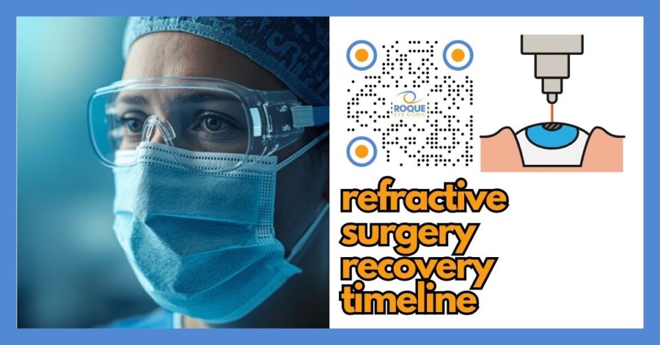 Patient recovering after refractive surgery with protective eye shield and timeline concept