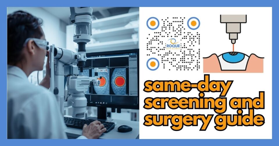 Patient undergoing same-day refractive surgery screening and treatment in a modern eye clinic