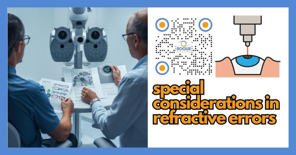 Ophthalmologist explaining special considerations in refractive errors during a refractive surgery consultation