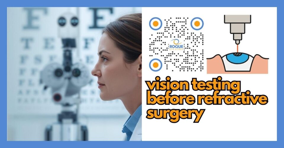 Patient undergoing detailed vision testing and refraction before refractive surgery