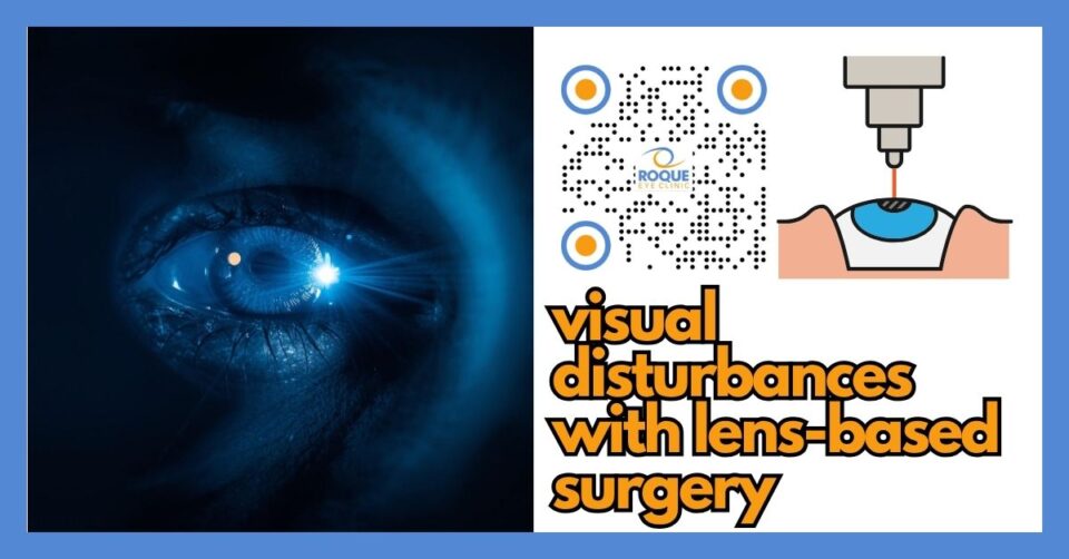Illustration of glare and halos after lens-based surgery in a patient-friendly ophthalmology style