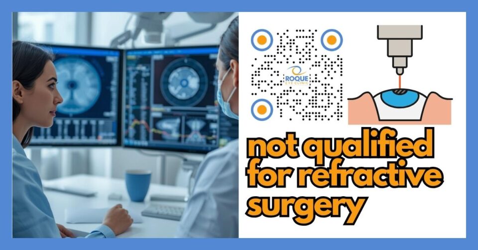 Patient discussing why they may not qualify for refractive surgery during an eye screening consultation