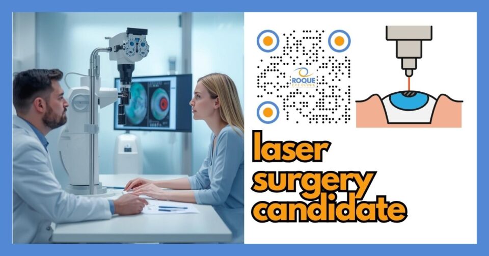 Ophthalmologist reviewing laser eye surgery candidacy with a patient during refractive screening