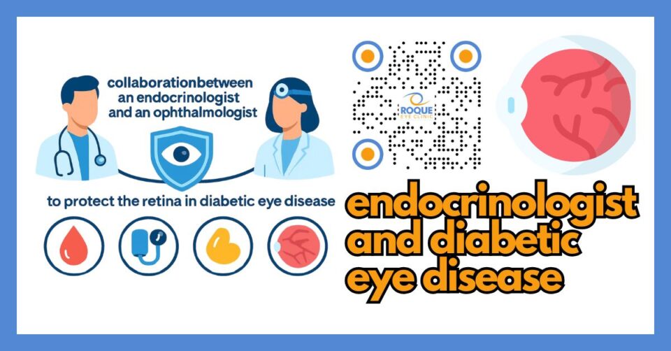 Illustration showing how endocrinology care supports diabetic eye disease treatment and retina protection