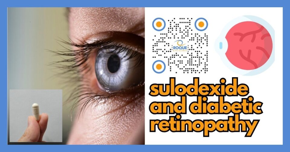 Medical illustration of diabetic retinopathy and retinal blood vessel leakage explaining sulodexide as an adjunctive therapy