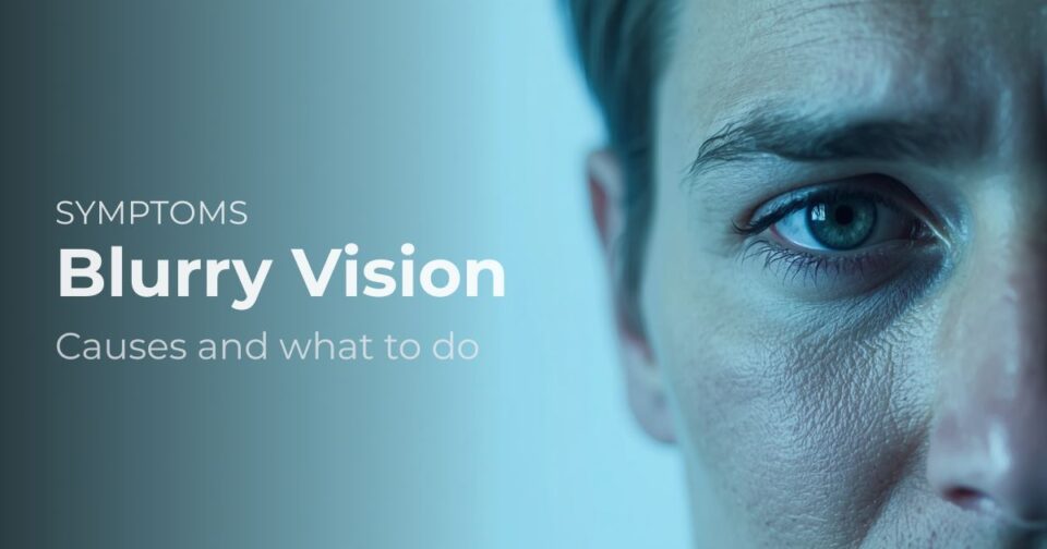 Person experiencing blurry vision with difficulty focusing, eye close-up in a clinical setting