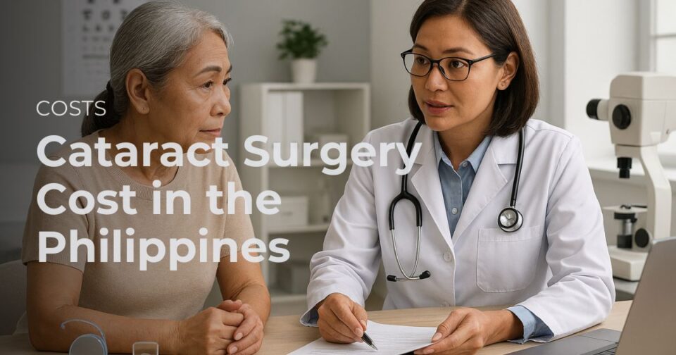 Ophthalmologist explaining cataract surgery cost and lens options to a patient in clinic