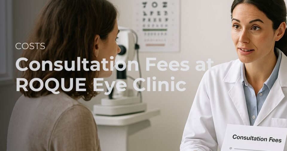 Ophthalmologist explaining consultation fees and next steps to a patient at ROQUE Eye Clinic