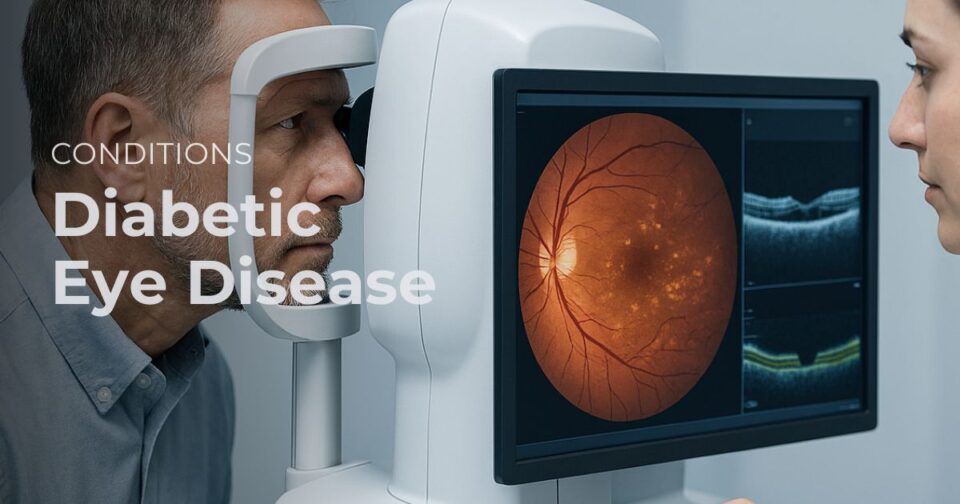 Diabetic eye disease illustration showing retinal damage and screening concept