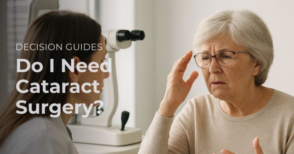 Ophthalmologist helping a patient decide whether cataract surgery is needed