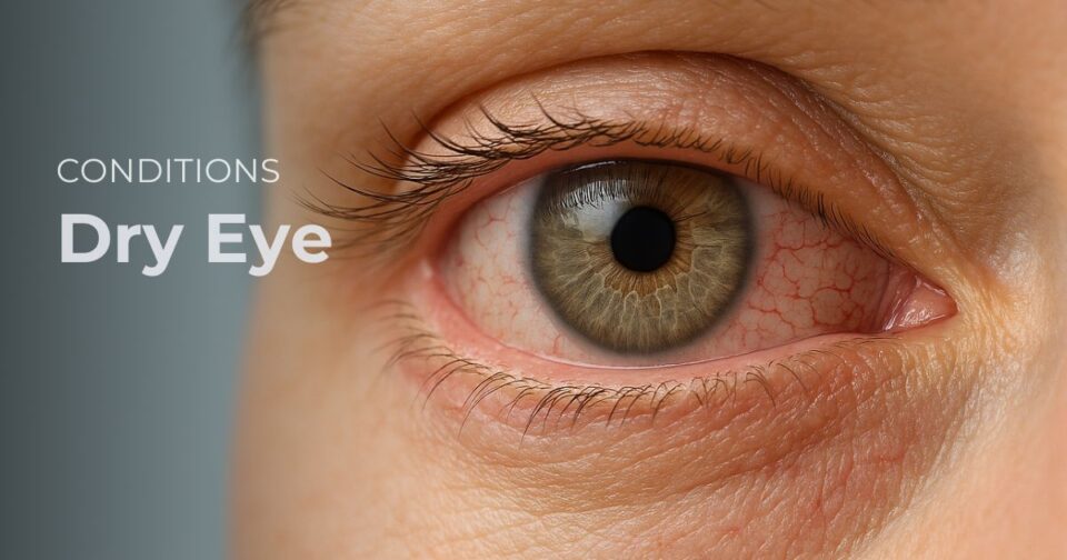 Close-up of an eye illustrating dry eye symptoms such as irritation and tearing