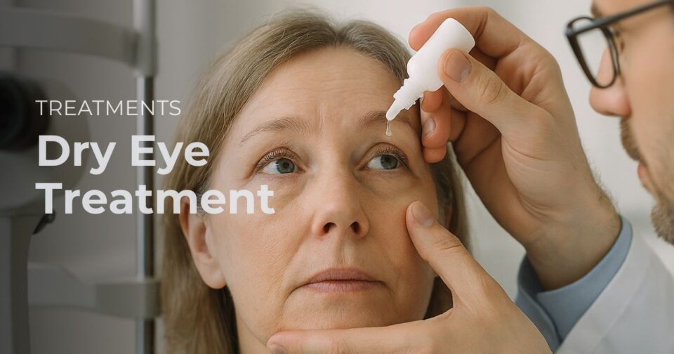 Ophthalmologist explaining dry eye treatment options to a patient in clinic