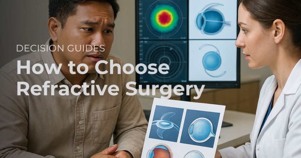 Eye surgeon explaining refractive surgery options including LASIK, SMILE, ICL, and lens replacement to a patient