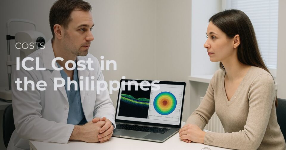 Eye doctor discussing ICL surgery cost with a patient in a modern ophthalmology clinic