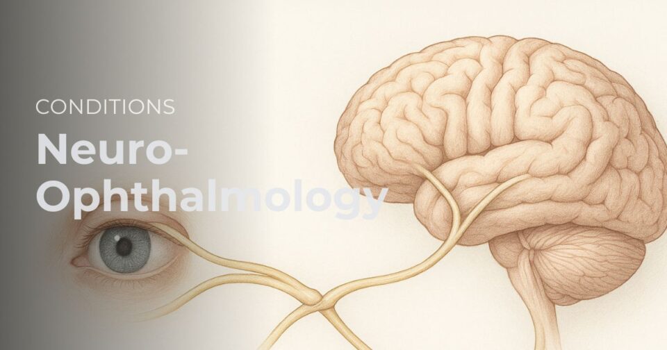 Illustration showing the eyes, optic nerves, and brain visual pathways for a patient education page about neuro-ophthalmology