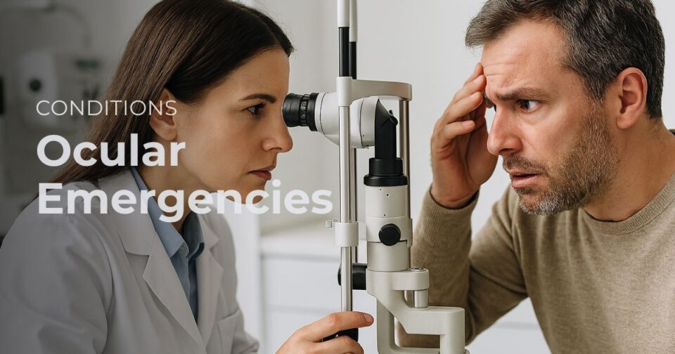 specialist evaluating a patient with urgent warning signs of an ocular emergency