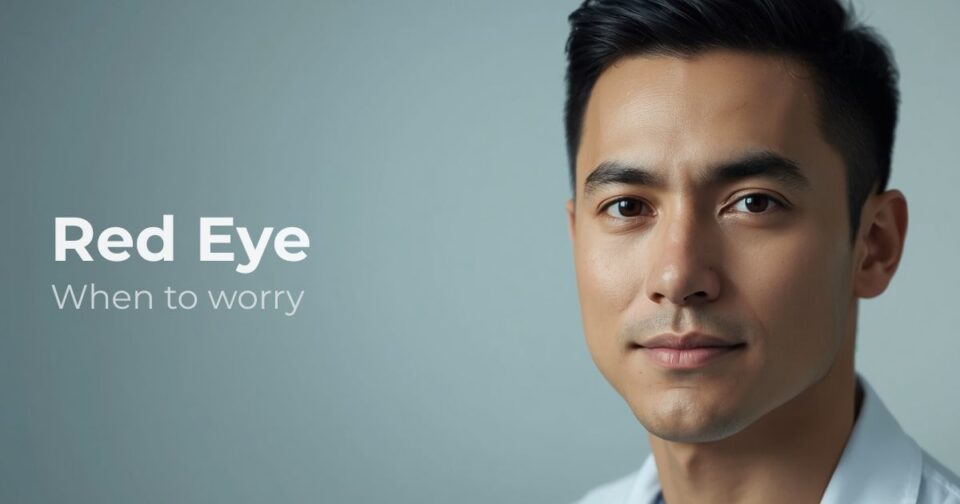 Educational featured image about red eye showing a patient in a clinical setting with space for article title text