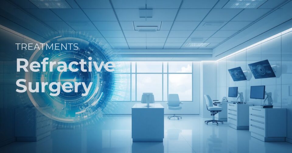 Comprehensive refractive surgery concept image showing laser vision correction and lens-based options in a modern eye clinic