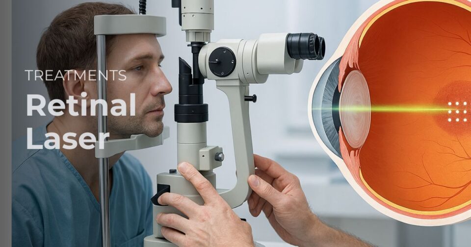 Retinal laser treatment illustration showing laser applied to the retina for retinal tears or diabetic eye disease