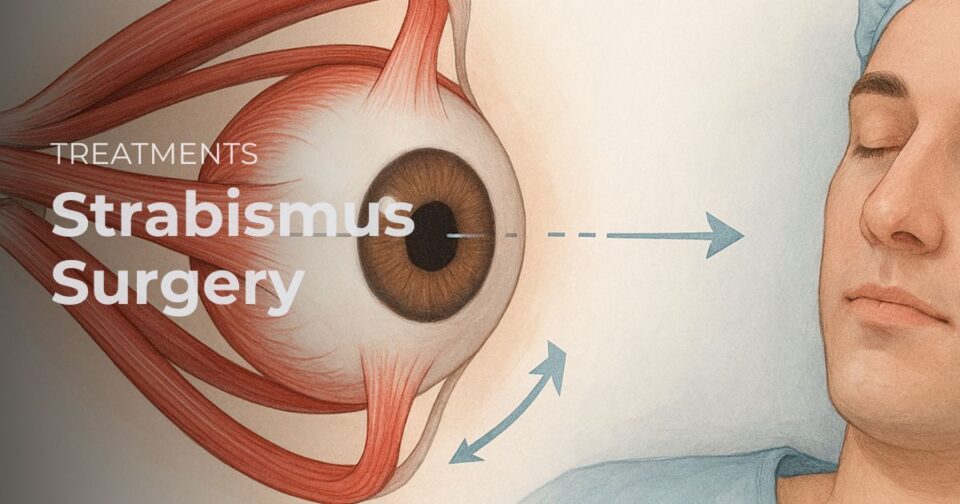 Strabismus surgery illustration showing eye muscle adjustment to improve eye alignment